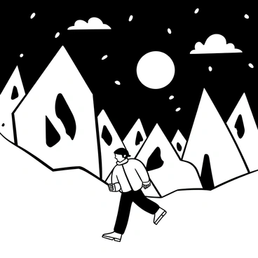 A figure dressed in a heavy coat and boots is navigating a rugged, icy landscape. Jagged ice formations loom around, reflecting the moonlight. The full moon hangs high in the night sky, casting a silvery glow over the scene. Snowflakes are gently falling around the figure, creating a sense of isolation in the vast, cold wilderness. The air seems crisp and sharp, emphasizing the harshness of the environment. In the backdrop, dark clouds partially obscure the moon, adding a dramatic contrast to the stark whiteness of the ice.