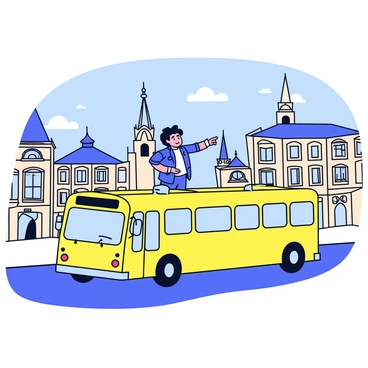A bright yellow bus is in motion on a city street, passing by several historic landmarks. The bus has large windows that showcase the interior. Standing at the front of the bus is a tour guide with dark hair, wearing a blue shirt, enthusiastically pointing to the landmarks outside. In the background, there are impressive historic buildings with intricate architecture and decorative facades. A clear sky provides a vibrant backdrop to the scene.