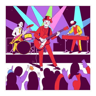 A red Tin Man is standing center stage at a rock band concert, playing an electric guitar with enthusiasm. The guitar is shiny and metallic, reflecting the stage lights. Surrounding the Tin Man, there are three other band members: a yellow drummer energetically playing a drum set, a yellow bassist leaning into the music, and a red keyboardist passionately pressing keys on a bright keyboard. The audience in front of the stage is cheering and waving their hands in the air, creating a lively atmosphere. The backdrop features colorful lights flashing in rhythm with the music.