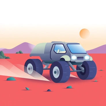 A futuristic space truck with a sleek, metallic body is roving across the surface of Mars. The truck has large, rugged wheels designed for rough terrain, and its bright blue lights illuminate the dusty landscape. The Martian surface features a red dusty terrain scattered with small rocks and boulders. In the background, there are distant hills with a slightly darker shade of red, and the sky above is a soft gradient from orange to pink, hinting at a setting sun. Dust is being kicked up behind the truck as it moves, creating a trail in the Martian soil.