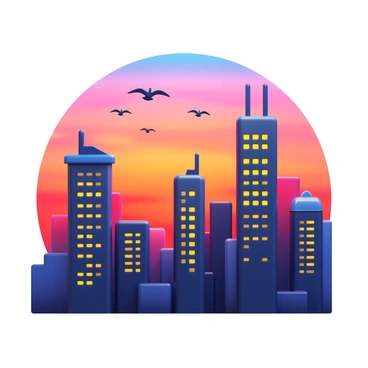 A cityscape featuring tall skyscrapers with glowing windows. The sunset casts a vibrant array of colors in the sky, blending oranges, pinks, and purples. Several birds are flying across the horizon, silhouetted against the colorful background. The buildings are detailed, showcasing different architectural styles and structures. The scene captures a moment of transition from day to night.