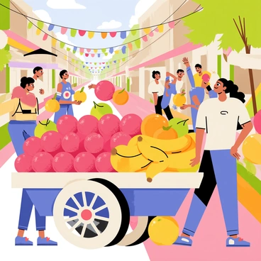 A vibrant fruit cart overflowing with fresh lychees, showcasing their pinkish-red skins and bumpy texture. The cart is adorned with an array of other fruits, including yellow bananas, green apples, and orange oranges. Surrounding the cart are shoppers, some reaching out to pick fruits while others are in conversation. The street market is lively, with colorful banners hanging overhead and various stalls in the background. Sunlight casts bright highlights on the fruits, enhancing their freshness and allure.