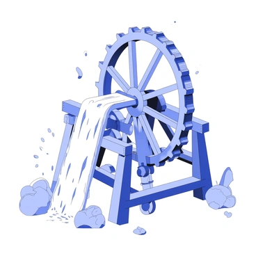 A large waterwheel is turning, powered by flowing water cascading down its paddles. The waterwheel is made of wooden slats, intricately designed with visible gears and axles that showcase its mechanical workings. Water splashes as it hits the wheel, creating a dynamic scene. The structure supporting the wheel is sturdy, made of weathered wood, and there are rocks and vegetation surrounding the base, highlighting the natural environment. The motion of the wheel is clear, with some water droplets captured mid-air.