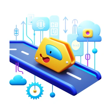 A cartoon-style data packet with bright colors and a friendly face is moving along a virtual highway. The highway is made up of glowing circuits and digital lines that represent data flow. The background features abstract digital elements, such as binary codes and colorful data streams, emphasizing the virtual theme. The data packet is surrounded by small, animated icons symbolizing information transfer, like arrows and small clouds representing data clouds.