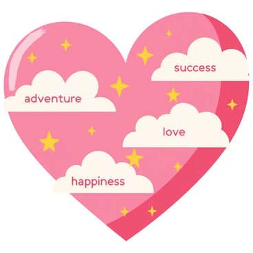 A large, pink heart shape is filled with soft, white clouds and twinkling yellow stars. Each cloud features a different label, such as "adventure," "success," "love," and "happiness." The stars are scattered throughout, shining brightly against the backdrop of the heart. The heart itself has a glossy finish, giving it a whimsical and inviting appearance.
