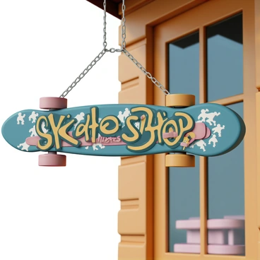A skateboard-themed sign, shaped like a skateboard deck, hangs from a metal chain outside a shop. The sign features vibrant colors, with "Skate Shop" written in bold graffiti-style lettering. The background of the sign has a dynamic pattern of skateboarding graphics, including silhouettes of skaters performing tricks. The sign is slightly weathered, giving it a rustic charm, and the shop's wooden facade is visible behind it, with glass windows reflecting the surroundings.