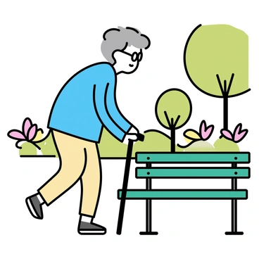 An elderly person, wearing a light blue sweater and beige trousers, is using a dark wooden walking cane to help themselves stand up from a green park bench. The person has silver hair and is wearing glasses. The park bench is located in a vibrant green park filled with blooming flowers and tall trees in the background. The sunlight casts soft shadows on the ground, highlighting the person's determined expression as they rise.