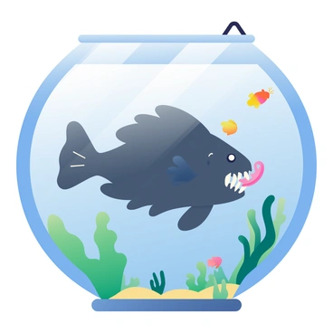 An anglerfish with a bioluminescent lure is swimming in a large, circular aquarium tank filled with clear water. The fish has a dark, textured body with sharp teeth visible in its wide mouth. Around the anglerfish, there are various aquatic plants, their green leaves swaying gently in the water. The inside of the tank is illuminated by soft, diffused lighting, casting gentle reflections on the glass walls. In the background, small colorful fish dart around, creating a lively underwater scene.