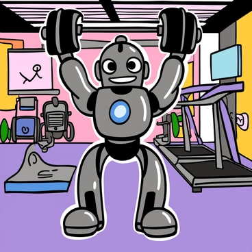 A friendly robot with a shiny metallic body and glowing blue accents is lifting heavy dumbbells in a futuristic gym. The robot has large expressive eyes and a cheerful smile. It stands on a sleek, high-tech gym floor surrounded by advanced exercise equipment, like robotic treadmills and holographic fitness screens. Bright neon lights illuminate the area, creating an energetic atmosphere. The robot is in an athletic pose, showcasing its strength and determination while lifting the dumbbells high above its head.