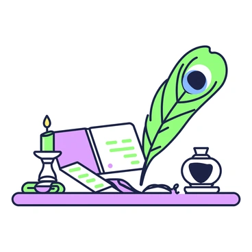 An old-fashioned quill pen made from a peacock feather is resting on a wooden writing desk. The quill has a long, elegant shape with intricate details of the feather's barbs visible. Next to the quill, there is an inkpot, slightly open, revealing dark ink inside. The desk is cluttered with parchment papers scattered around, some with handwritten notes, and a small candle holder with a lit candle casting a gentle glow. A vintage book, its spine worn, lies partially open on the desk, adding to the atmosphere of classic writing.