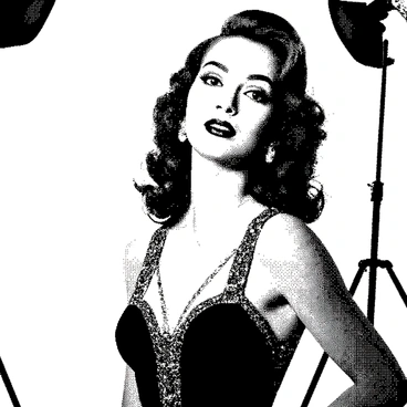 A glamorous vintage woman stands confidently in a sophisticated pose. She has styled hair with soft waves cascading down her shoulders, evoking the elegance of classic Hollywood. She wears a stunning dress with intricate details, accentuating her curves. Her makeup is bold, featuring a defined lip and perfectly shaped eyebrows, enhancing her striking features. The background includes a soft-focus studio light setup, creating an atmosphere reminiscent of the golden age of film. Her expression is poised and captivating, exuding charm and allure.