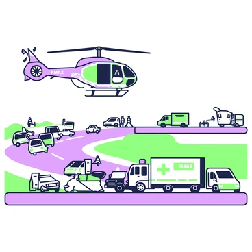 A KMAX helicopter is hovering above a busy highway, focusing on a multi-vehicle accident scene below. The helicopter has twin rotors and is equipped with rescue equipment, with its doors open. Below, several vehicles, including a truck and multiple cars, are involved in a collision, with emergency vehicles nearby, including an ambulance and fire truck. Paramedics are attending to the injured individuals at the accident site. Traffic is backed up on either side of the highway, with cars and trucks stopped, and some drivers are observing the situation. The sky is clear, allowing for optimal visibility of the rescue operation.