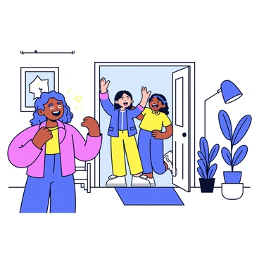 In a cozy apartment, a woman stands near the entrance with wide eyes and an open mouth, expressing her shock and delight. Her hair is styled in loose waves, and she wears a casual, colorful outfit. The front door is opened, revealing two friends entering with bright smiles and arms raised in excitement. The room is decorated with minimalist furniture and a few potted plants in the background. Light streams in through a window, highlighting the joyful moment.