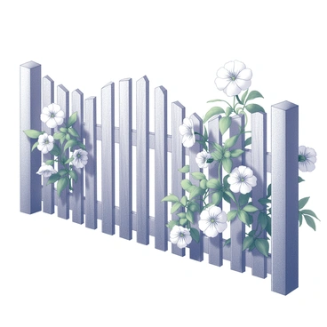 A rustic wooden garden fence stretches across the scene, featuring vertical slats and a slightly weathered texture. The fence is adorned with lush, climbing moonflowers. The moonflowers display their characteristic large, trumpet-shaped blooms, opening wide to reveal their intricate petals. The foliage hugs the fence tightly, with green leaves cascading downwards. The setting suggests a lush garden environment, with the moonflowers climbing and intertwining around the wooden posts, creating a natural and enchanting appearance.