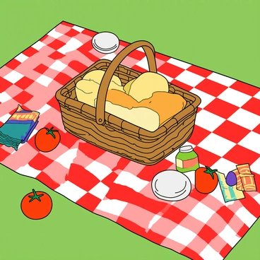A picnic blanket spread out with a basket of garlic bread and cheese