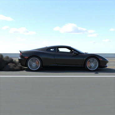 A sleek black sports car with glossy paint and aerodynamic curves is speeding down a highway. The car has tinted windows and shiny alloy wheels. As it accelerates, dark exhaust smoke billows out from the rear, trailing behind in a thick plume. The road is straight and stretches into the distance, with a blue sky overhead and a few fluffy white clouds scattered. The scene captures the motion and power of the car as it zooms forward.