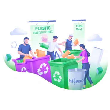 A modern pastel illustration depicting a group of employees working together to organize a recycling drive. There are several recycling bins prominently displayed, each clearly labeled with the materials they are meant for, including "Plastic," "Paper," "Glass," and "Metal." The employees, a diverse group of men and women, are engaged in sorting various items into the appropriate bins. Some are holding items to be recycled, while others are placing them into the bins. In the background, there are banners promoting recycling, and a bright, sunny environment creates a cheerful atmosphere.
