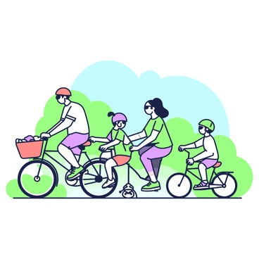 A family of four is enjoying a bike outing on a sunny day. On the left, a father is riding a bike with a large front basket, wearing a red helmet and casual shorts. Next to him, a mother rides a bike with a child seat on the back, dressed in a bright shirt and sunglasses. Their daughter, with pigtails, is pedaling enthusiastically on a smaller bike, wearing a pink helmet. Finally, on the right, a young son is cycling on a balance bike, sporting a green helmet and a big smile. In the background, there are trees and a clear blue sky.