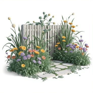 A garden scene filled with abundance. The once-tidy area is now overgrown with vibrant, wildflowers in various colors, including yellow, purple, and red. Tall grasses and thick weeds intermingle with the flowers, creating a lush and chaotic look. A rustic wooden fence is partially hidden behind the foliage, showing signs of age with peeling paint and weathered wood. In the background, a stone pathway is barely visible, covered in patches of green and flower petals. Sunlight filters through the leaves, casting dappled shadows across the garden floor, enhancing the wild and untamed atmosphere.