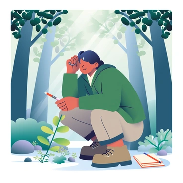 A forest biologist with light brown skin and short black hair is crouched on the forest floor, carefully observing the growth of a small sapling using a magnifying glass. She is wearing a forest green jacket, khaki pants, and sturdy hiking boots. Around her, the dense forest is filled with tall trees with dark green leaves, and sunlight filters through the foliage, creating dappled patterns on the ground. Various ferns and small plants surround her, contributing to the rich biodiversity of the environment. A notebook with a pencil rests nearby, ready for her observations.