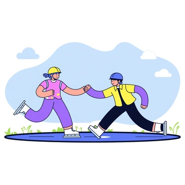 A group of inline skaters participating in a relay race on a smooth track. One skater is reaching out to pass a baton to another skater who is gliding alongside. The skaters are wearing brightly colored helmets and protective gear. The background features a clear blue sky with a few fluffy clouds. The track is marked with white lines and surrounded by green grass.