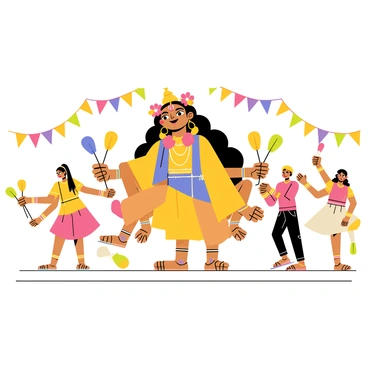 An illustration featuring "Durga's face" with a detailed expression, adorned with traditional jewelry and a floral crown. She is surrounded by "traditional dancers" in vibrant costumes, each dancer striking dynamic poses that showcase their movements. The dancers hold colorful "decorative props" as they celebrate, with their expressions conveying joy and reverence. The background includes "festive decorations" such as garlands and banners, enhancing the celebratory atmosphere.