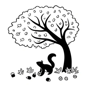 A squirrel with a bushy tail is crouched on the ground, busily gathering acorns that have fallen from the large oak tree above. The tree's thick trunk is covered in textured bark, and its sprawling branches are adorned with scattered leaves. Some of the leaves are on the ground, creating a blanket of fallen foliage. The scene is filled with acorns lying around, varying in size and texture. The setting reflects the autumn season with the oak tree as a prominent feature in the composition.