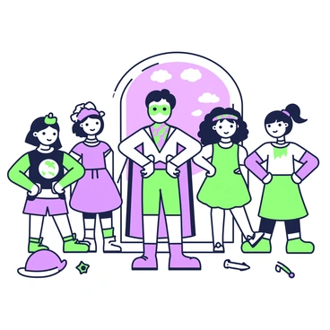 A group of children is playing dress-up in a bright room filled with various costumes. One child stands at the forefront, wearing a colorful scarf draped around their neck, striking a superhero pose with their hands on their hips. The child has a determined expression and is wearing a playful outfit, complete with a mask. Surrounding them, other children are donning different costumes, such as a pirate and a fairy. In the background, a large mirror reflects their joyful expressions and the vibrant costumes they wear. A few props, like a toy sword and a hat, are scattered on the floor, adding to the playful atmosphere.