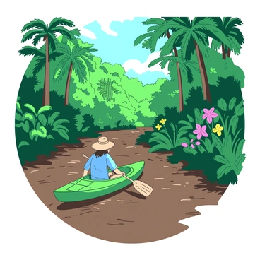 An explorer in a green kayak is paddling down a narrow tributary of the Amazon River, surrounded by lush greenery and tall trees that stretch towards the sky. The water is a rich shade of brown, reflecting the dense foliage along the banks. The explorer is wearing a wide-brimmed hat and a light blue shirt, focused on navigating the winding waterway. Bright tropical flowers in pink and yellow hues peek through the greenery, adding splashes of color to the scene. Sunlight filters through the leaves, creating dappled patterns on the water's surface.