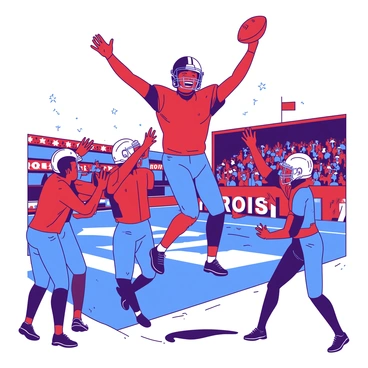 A red football player with a wide smile is jumping high in the air, arms raised in celebration after scoring a touchdown. He is wearing a blue jersey and matching pants, with a white helmet that has his team's logo. Surrounding him are several teammates, all in blue and red uniforms, sharing in the excitement. One teammate is giving a high-five, while another is clapping his hands in joy. In the background, the end zone is marked with vibrant colors, and fans in the stands are cheering enthusiastically.