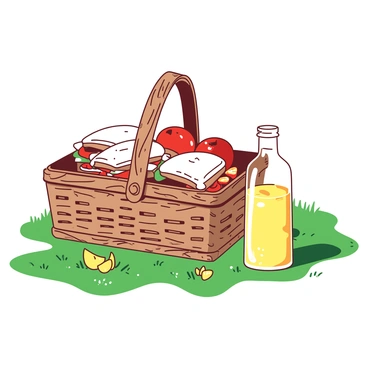 An open picnic basket is placed on a grassy field. The basket is woven and has a handle, displaying an assortment of sandwiches neatly wrapped in white paper. Among the sandwiches, there are vibrant pieces of fruit, including red apples and orange slices, scattered around. Next to the basket, there is a bottle of lemonade with condensation on the glass, sitting upright. The grass is fresh and green, with a few yellow wildflowers dotting the scene.