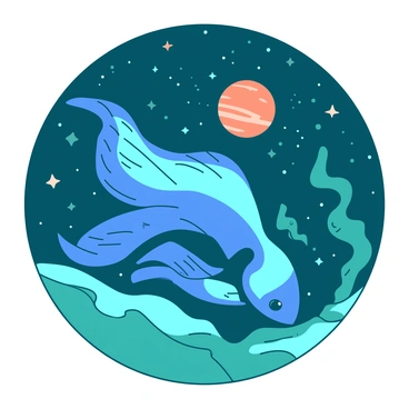 A vibrant blue betta fish is gracefully floating through a cosmic scene filled with swirling teal stars and planets. The fish's fins are flowing elegantly, creating a contrast against the deep space backdrop. In the distance, a large orange planet is visible, surrounded by small white twinkling stars. The scene captures the essence of a serene underwater creature navigating the vastness of the universe.