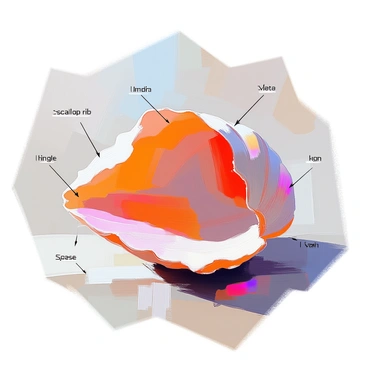 An educational illustration depicting the anatomy of a scallop shell. The scallop shell is shown open, revealing its inner structure. The shell features curves and ridges, highlighting its natural texture. Various parts are labeled clearly, including the "umbo," "valve," "hinge," and "scallop ribs." Each label is neatly placed alongside the corresponding part, ensuring clarity for educational purposes. The background is simple to maintain focus on the scallop shell and its anatomical details.