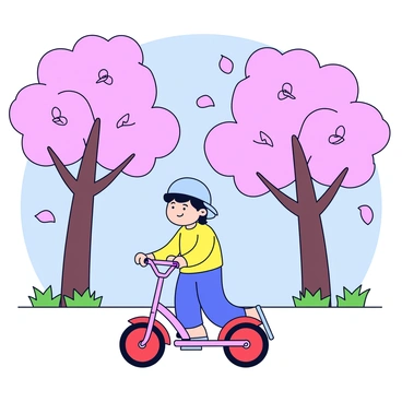A young child riding a balance bike with bright red wheels. The child has a joyful expression, wearing a light blue helmet. Surrounding the child are cherry blossom trees in full bloom, with soft pink flowers creating a vibrant canopy overhead. Petals gently fall from the branches, drifting down towards the ground. The scene captures a sunny day, with a clear blue sky visible in the background. The child is on a smooth path, and a few green grass blades peek through the edges of the scene.