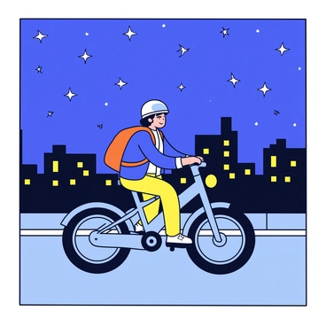 An electric bike is in the foreground, with a sleek, modern design and a bright headlight illuminating the path ahead. The rider wears a helmet and casual clothing, pedaling along a smooth road. Above, a starry night sky is filled with numerous twinkling stars. In the background, the silhouette of a city skyline is visible, with glowing city lights twinkling from the buildings and streetlamps. The scene captures the contrast between the dark night and the vibrant lights of the city.