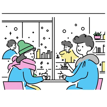 A cozy cafe with large windows revealing "snow gently falling" outside. Inside, two friends are sitting at a wooden table, each holding a steaming cup of "hot drink." One friend is wearing a red scarf and a green beanie, while the other is dressed in a blue jacket and a gray hoodie. The cafe interior features warm lighting, with shelves of books and plants lining the walls. A few other patrons can be seen enjoying their drinks in the background.