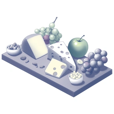 A wooden cheese board is filled with an assortment of cheese varieties, including round brie, sharp cheddar, and blue cheese. The cheeses are cut into wedges and cubes, presenting a textural contrast. Surrounding the cheese are fresh fruits, including slices of green apple, clusters of grapes, and vibrant berries. There are also small bowls of mixed nuts scattered across the platter, featuring almonds and walnuts. The arrangement is aesthetically pleasing, with a balance of shapes and sizes, inviting onlookers to admire and partake in the presentation.