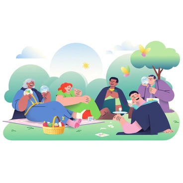 A group of four sorcerers is relaxing in a sunny park. One sorcerer with long silver hair and wearing a blue robe is seated on a picnic blanket, holding a sparkling crystal ball and laughing. Next to them is a sorceress with curly red hair in a green dress, sharing snacks from a woven basket filled with fruits and pastries. A third sorcerer, dressed in a dark cloak with gold accents, is playing a card game with a glowing deck on a small table. The fourth sorcerer, with short black hair and wearing a purple tunic, is casting a playful spell that creates colorful butterflies fluttering around. The park is filled with green grass, shady trees, and a bright blue sky with a few fluffy white clouds.