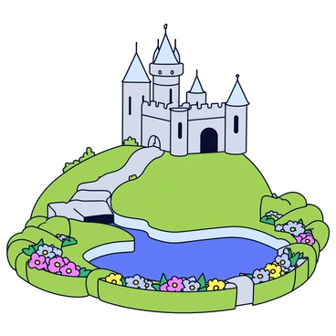 A fairytale castle with tall spires and a grand entrance sits atop a grassy hill. The castle is constructed from light gray stone with intricate details around the windows. Surrounding the castle is a sparkling blue moat, reflecting the sky above. Lush gardens filled with blooming flowers and neatly trimmed hedges encircle the base of the hill. The scene is brightened by sunlight illuminating the vibrant colors of the garden.