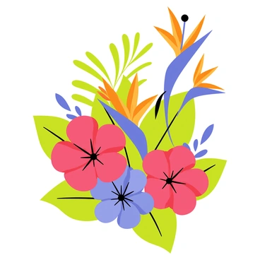 A vibrant bouquet filled with tropical flowers. Prominently featured are large, red hibiscus blooms with glossy petals. The bouquet also includes striking orange and blue bird of paradise flowers, standing tall among the other blossoms. Lush green leaves surround the flowers, adding to the rich, tropical feel of the arrangement. The overall composition showcases a variety of colors and shapes, creating a lively and eye-catching display.