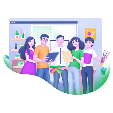 A group of illustrators posing for a team photo in a creative studio setting. The scene includes five diverse illustrators standing together, each showcasing their unique style. One illustrator is holding a sketchbook, another has a digital tablet, while a third displays colorful paintbrushes. The studio background features shelves lined with art supplies, vibrant artwork hanging on the walls, and a large window allowing natural light to flood the space. The illustrators are smiling and wearing casual, artistic clothing, conveying a sense of camaraderie and creativity.