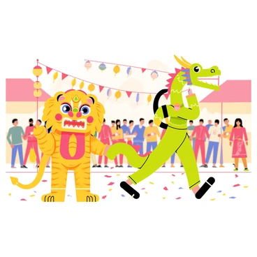 A colorful barongsai, or lion dance, with a bright yellow and red mane, stands on the left side of the image. Its large, expressive eyes and intricately designed face are detailed with decorative elements. On the right, a dragon dance performer dressed in a bright green and gold costume holds the head of a long, flowing dragon adorned with colorful scales. The backdrop features bustling festival crowds, with lanterns and banners hanging overhead, adding to the festive atmosphere. The ground is covered with red and gold confetti, enhancing the vibrant scene.