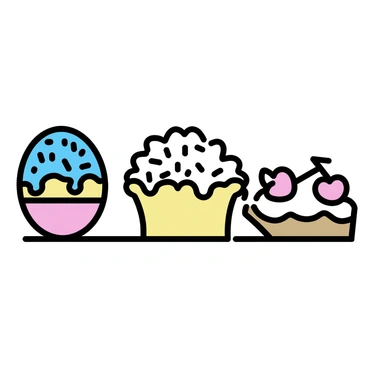 A collection of Easter eggs, each designed to resemble different desserts. One egg is adorned with colorful frosting and sprinkles, mimicking a layered cake. Another egg features a glossy glaze, resembling a fruit tart with pieces of fruit artfully arranged on top. A third egg is shaped like a slice of pie, showcasing a flaky crust and a filling that looks like cherry. Each egg is painted with vibrant colors, capturing the essence of the respective desserts. They are displayed together in a simple arrangement, emphasizing their unique dessert designs.