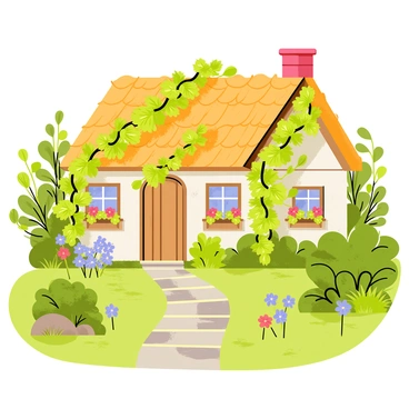 A quaint cottage covered in climbing hydrangea vines with a small garden pathway leading to the door.