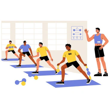 A group of young athletes is positioned in a gym setting, practicing the hip thrust exercise on blue mats. Each athlete has a determined expression, focused on improving their technique. A coach, wearing a sporty outfit, stands nearby, demonstrating the correct form with a supportive posture. Dumbbells are lying on the floor, and a chart on the wall outlines the steps of the exercise. Sunlight streams through large windows, illuminating the energetic atmosphere of the training camp.