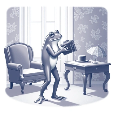 A frog standing upright, holding an old-fashioned camera with both hands. The frog is positioned in a Victorian-style studio, surrounded by ornate furniture, including a velvet armchair and an intricately carved wooden table. The walls are adorned with vintage wallpaper featuring detailed floral patterns. Soft natural light filters through a large window, casting shadows on the floor. The frog is focused on composing a photograph, with an expression of concentration on its face. A few props, such as a top hat and a lace parasol, are arranged nearby on the table.