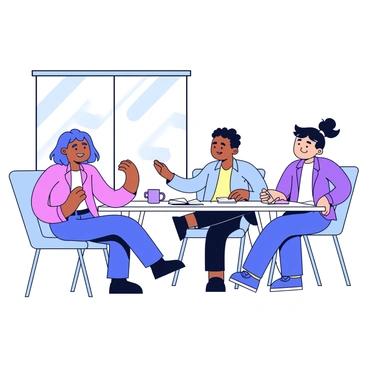 A small group of three teammates is sitting around a rectangular table in a bright, minimalist office space. One teammate is leaning back in their chair with a relaxed posture, gesturing with their hands while speaking. Another teammate is nodding in agreement, showing engagement with a friendly smile on their face. The third teammate is taking notes on a notepad, looking up occasionally to contribute to the discussion. On the table, there are a few notebooks, and a coffee mug is placed in front of one teammate. A large window in the background lets in natural light, casting soft shadows across the table.