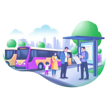 A busy bus stop filled with people waiting for their bus. Several individuals are standing on the sidewalk, each glancing at their watches with expressions of anticipation. A man in a blue jacket is looking at his wrist, while a woman in a yellow coat checks her phone. A child holding a red backpack stands beside a person reading a newspaper. Buses in the background are lined up, with one displaying its route on an electronic board. The scene captures the hustle and bustle of city life, with trees lining the street and a clear sky above.