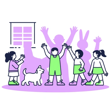 A group of children is gathered in a dimly lit room, casting hand shadows against a wall. The children are in various poses, with their hands forming shapes like a dog, a bird, and a rabbit. One child stands in the center, holding both hands high to create a large shadow figure. The wall behind them is smooth and blank, emphasizing the intricacy of the shadows. Subtle light from a nearby window highlights the silhouettes, creating an engaging scene of creativity and playfulness.