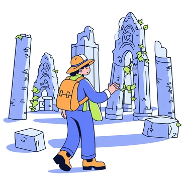 A traveler with a large, rugged backpack is standing amidst ancient ruins made of weathered stone. The traveler is depicted wearing a wide-brimmed hat and sturdy hiking boots. In the background, tall, crumbling columns and arches are visible, partially covered in vines. The traveler is looking up at a large stone structure with intricate carvings. Sunlight casts long shadows across the ground, highlighting the texture of the stones.